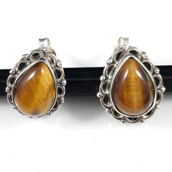 NEW! Handcrafted Tiger Eye Silver Earrings - Picture 1 of 5